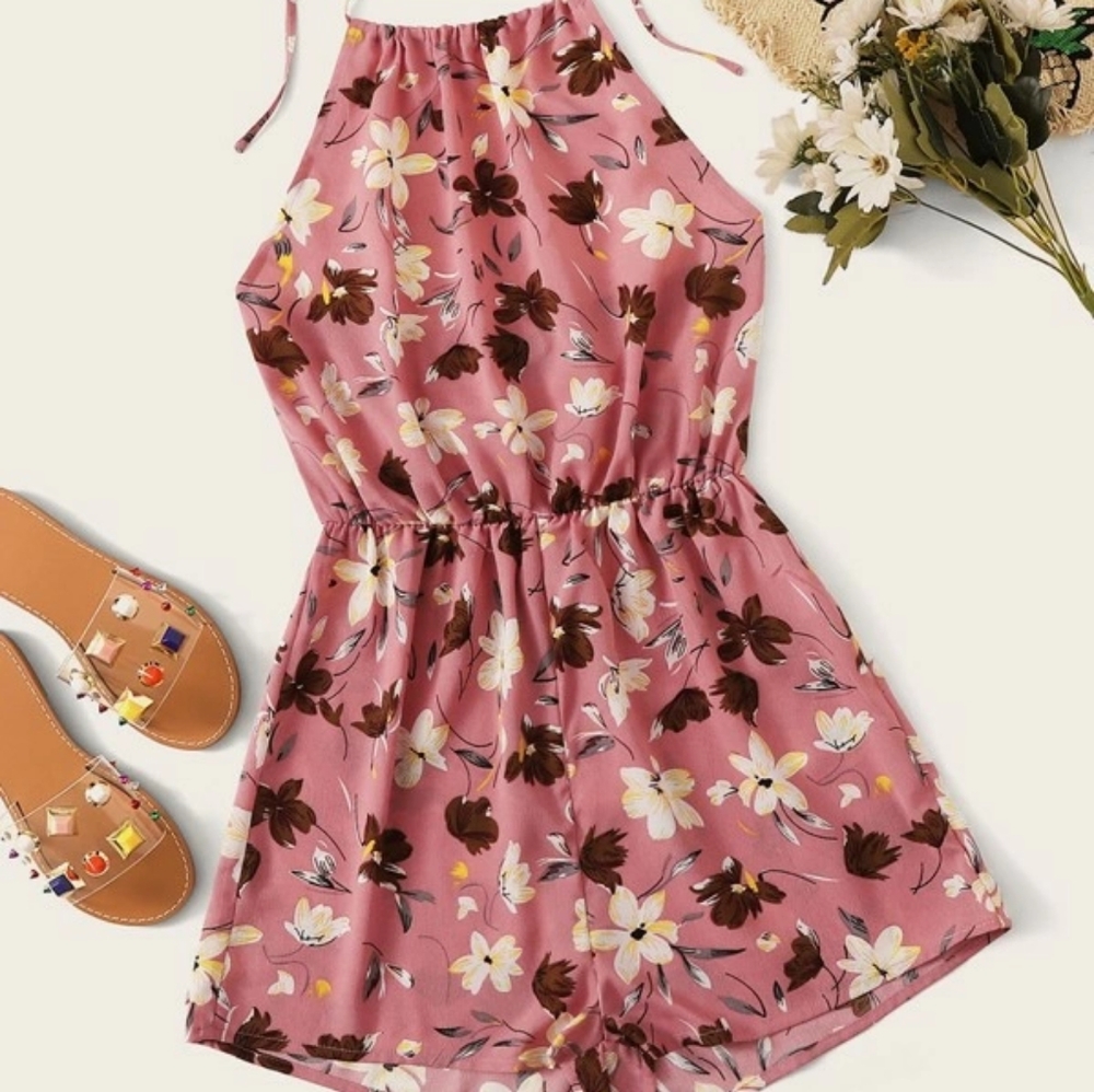 Shein Blouson Waist Floral Pink Knot Halter Romper